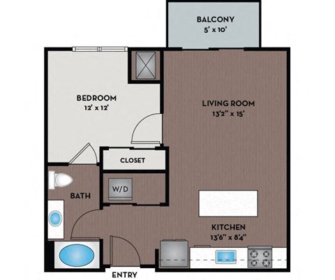 Floor plan for 1 bed, 1 bath, 649 sqft